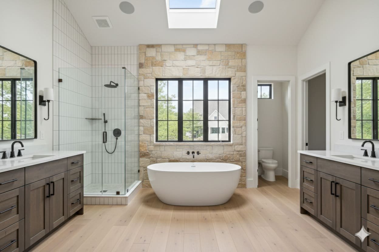 baño-mármol-beige-con-tina